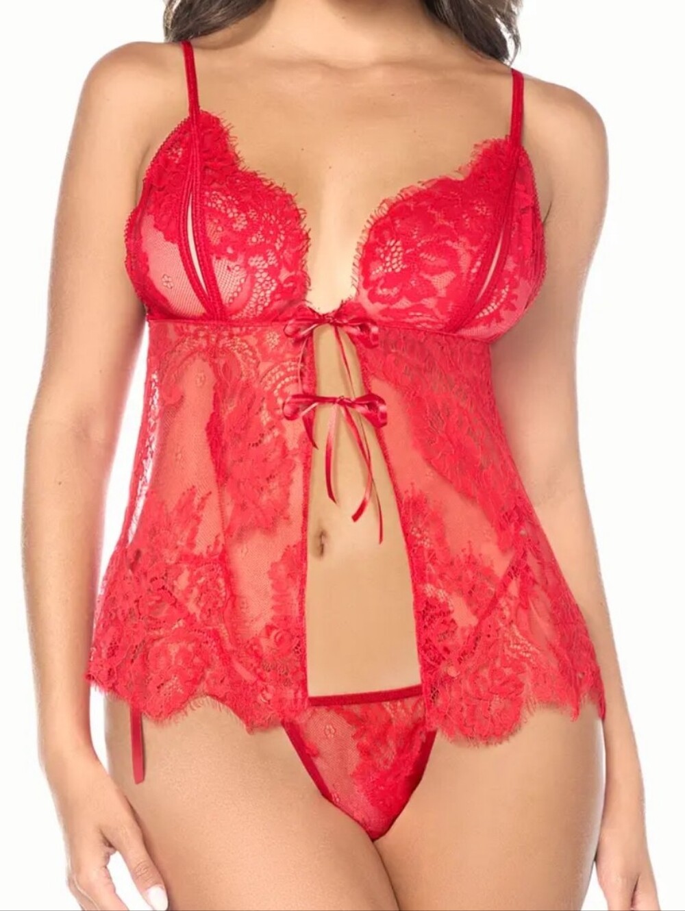 Mapale NWT Tie-front Red Lace Babydoll Chemise Lingerie wThong Set - Size Small